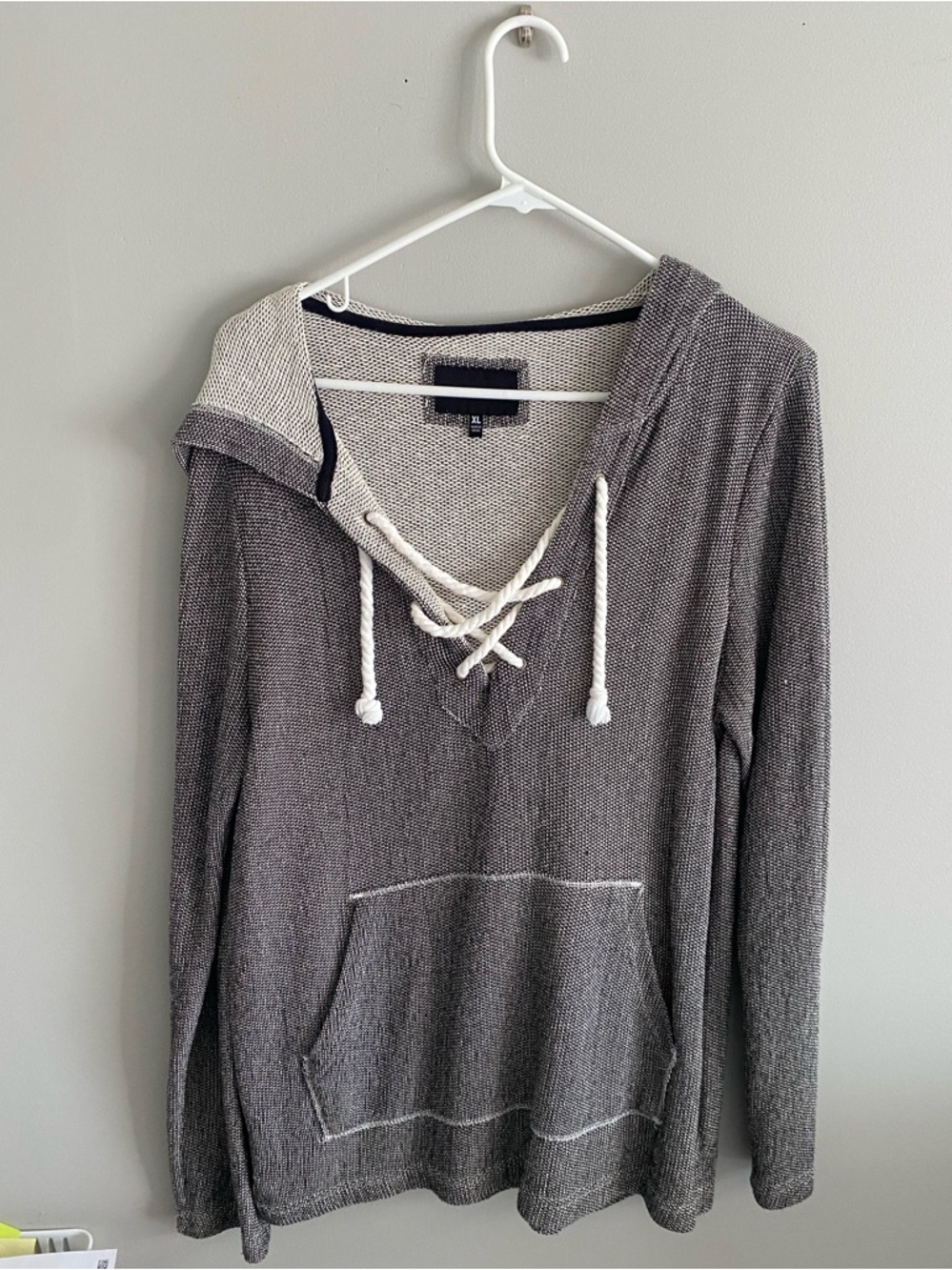 Gray/Brown Knit Hooded Poncho Style Pullover with Cream Drawstrings